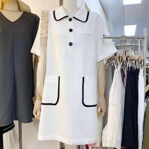 

summer fashion contrast color woman dresses pockets design vestido de mujer fresh turn-down collar women dress 210514, Black;gray