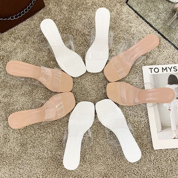 

sandals pumps women's slippers transparent crystal high heels summer women peep toe woman shoes beige slides 2021 48th, Black