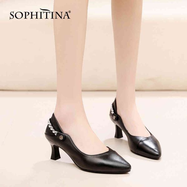 

sophitina pumps woman office lady genuine leather shallow pointed toe crystal chain decoraton high thin heel shoes po1009 210513, Black