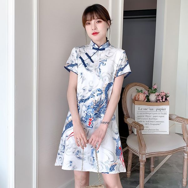 

female qipao mandarin collar short cheongsam vestidso elegant chinese dragon dress qipao novelty satin evening party gown 12288, Red