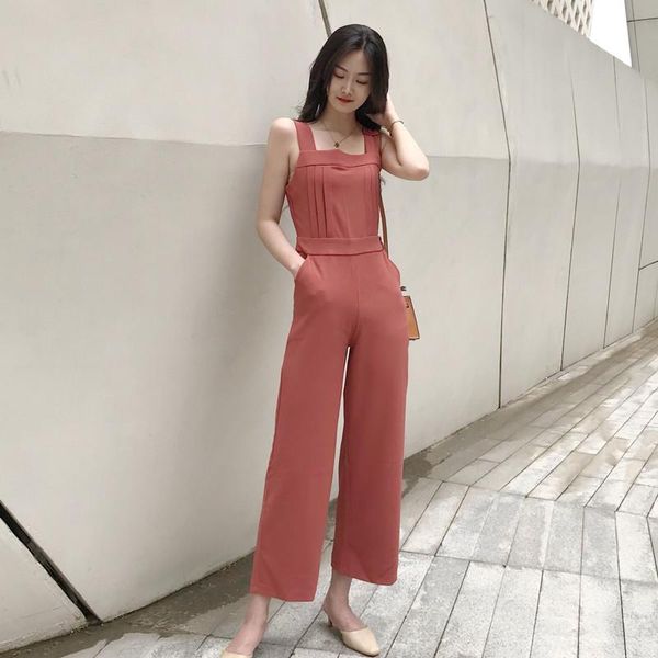 

women's jumpsuits & rompers casual women jumpsuit summer 2021 slim fit with high waist jumpers solid sleeveless pockets wide leg pant h, Black;white