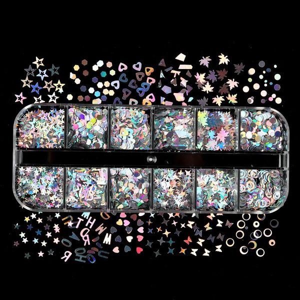 

nail art decorations 12 grids/set silver holographic decoration sequins mixed graphic flake accessories for diy gel tips design, Silver;gold
