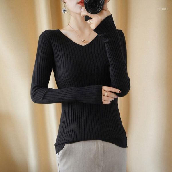 

woman sweaters 2021 fashion slim long sleeve sweater women elegant v-neck autumn and winter mujer suÃ©teres 2xl1, White;black