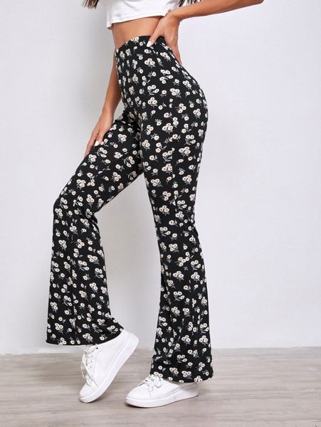 

daisy print high waist flare leg pants 67wy#, Black;white