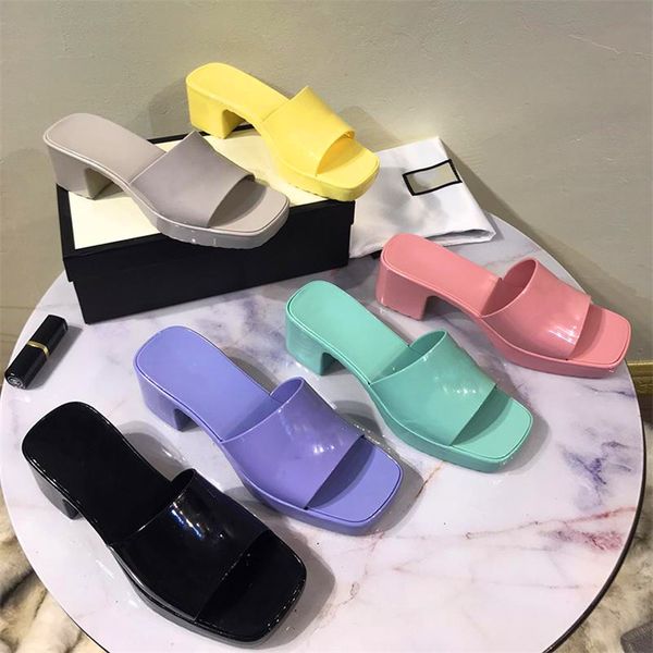 

designer sandals women high heels rubber slide sandal platform slipper chunky heel height shoes summer embossed flip flops with box, Black
