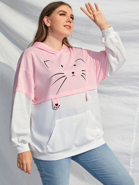 

plus color block cartoon graphic drop shoulder hoodie 84u0#, Black