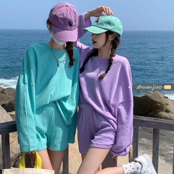 

ethnic clothing fashion suit female summer korean version 2021 loose mid-length cool salt series small long-sleeved shorts, Red