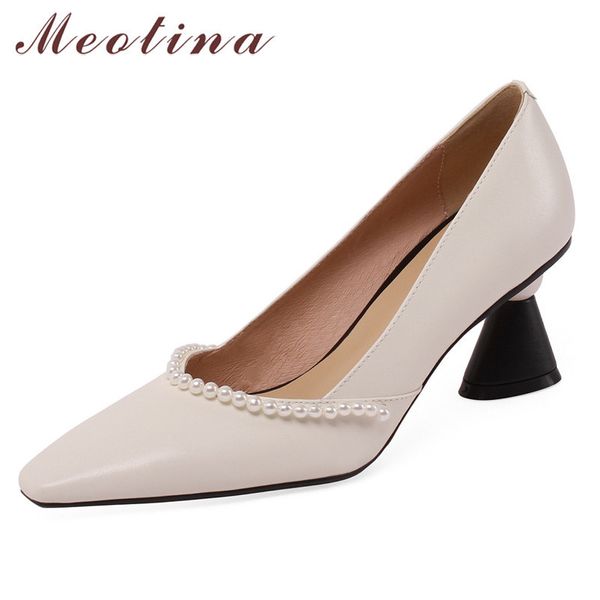 

meotina high heel women pumps real leather strange style heels fashion shoes pointed toe pearl dress footwear female beige black 210520