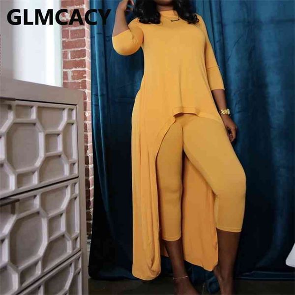 

women long sleeve dip hem shirt and skinny pants set two piece chic streetwear suits 210709, White