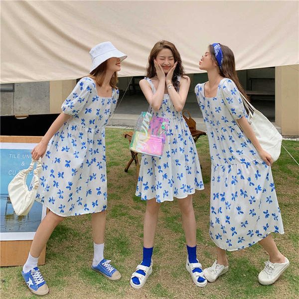 

3 style vintage elegant summer korean chic clothing wrap hip square neck floral print dress women short sleeve vestidos 210610, Black;gray