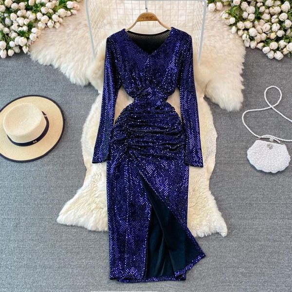 

casual dresses women sequins bodycon party dress v-neck draped high waist long sleeve split sheath vestidos autumn winter bling midi ro, Black;gray