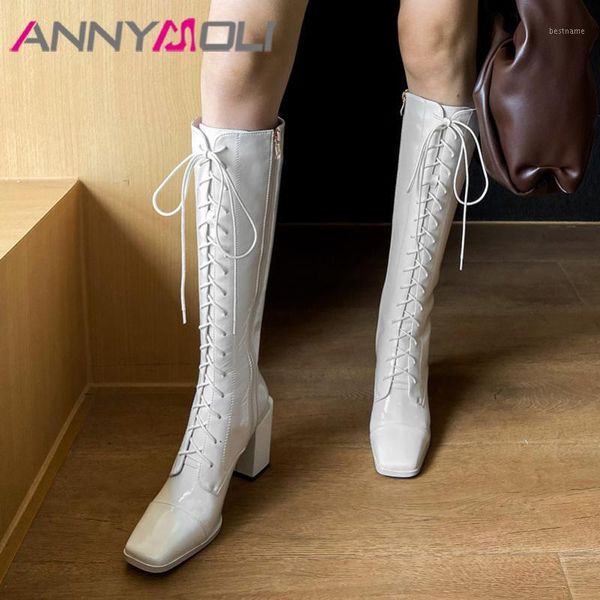 

boots annymoli long women shoes real leather high heel lady square toe block heels zip lace up fashion knee-high 421, Black