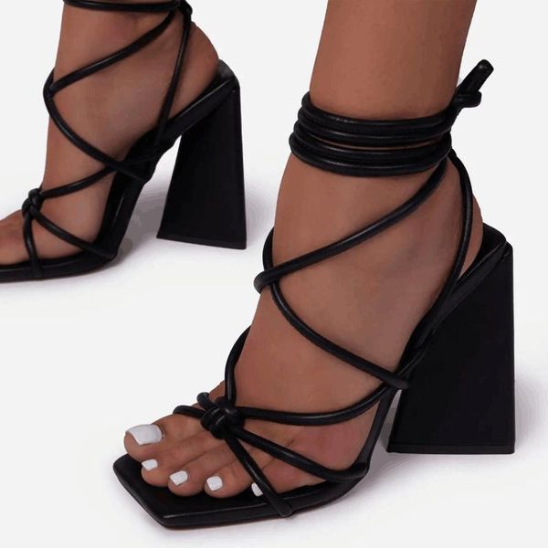 

dress shoes tremainoov women sandals strange heels ankle strap lace up 2021 back fashion sandalias, Black