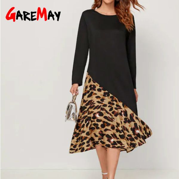 

autumn leopard dress for women vintage long loose sleeve party winter animal print elegant black 210428, Black;gray