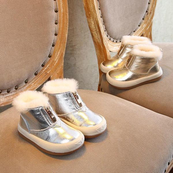 

girls' cotton boots boys' fashion genuine leather kids snow bright face winter baby warm, Black;grey