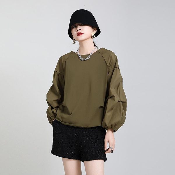 

[eam] women vintage pleated leisure black t-shirt round neck long lantern sleeve fashion tide spring autumn 2021 1dd3886 fcmh