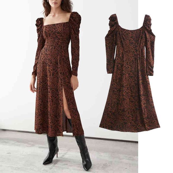 

rompers fashion square collar animal print puff ladies share thin spring dress long, Black;white