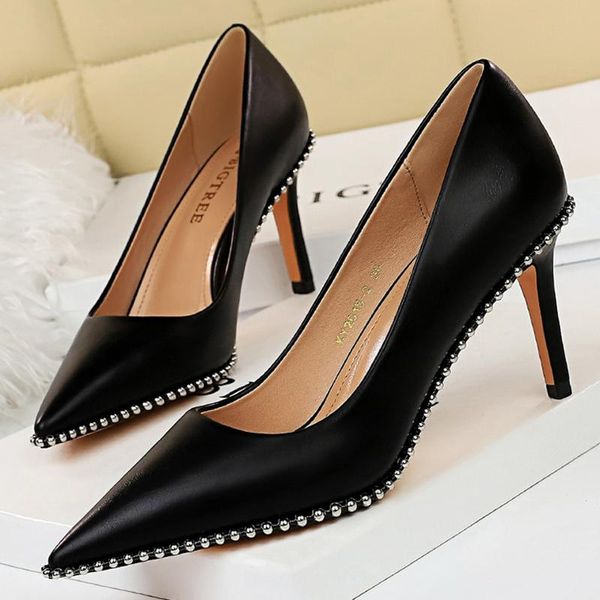 

dress shoes 2021 women 7.5cm .5cm high heels studded rivets bridal pumps lady fetish low scarpins stripper leather prom party, Black