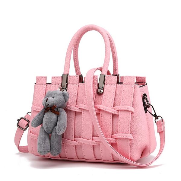 

evening bags cute weave tote bag for women 2021 pu leather handbags with bear toy fashion small side shoulder knit