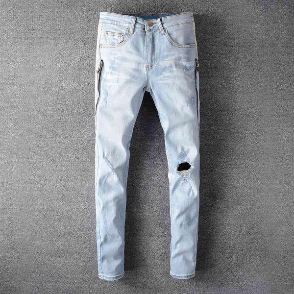 

jeans american streetwear fashion light blue slim fit elastic ripped men punk pants hip hop jeans homme