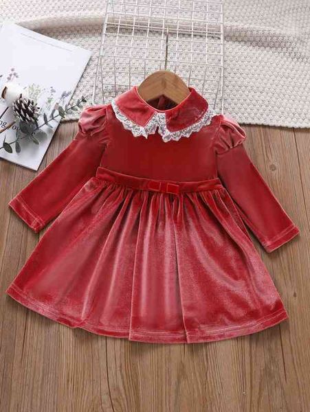 

baby gigot sleeve lace trim bow detail velvet dress she, Red;yellow