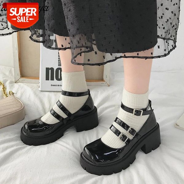 

mary jane women shoes platform heels janes high leather round toe patent gothic lolita #jy72, Black