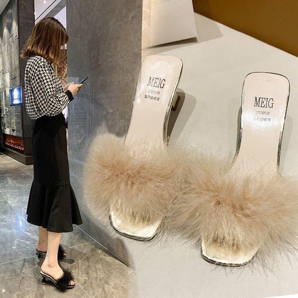 

sandals 2021fashion women summer furry slippers thick high heels transparent sandalias fur flip flops for zapatos de mujer, Black
