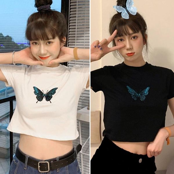 

women's korean butterfly print short sleeve t-shirt, White