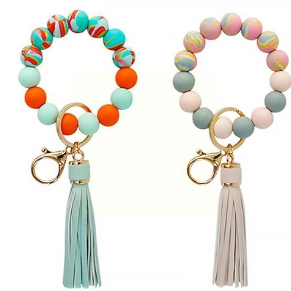

bangle 2021 fashion silicone beaded wristlet keychain bracelet girl tassel key for women chain jewelry round ring accessories, Black
