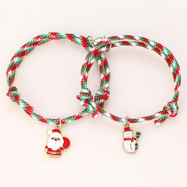 

charm bracelets 2pcs/set couple magnet bracelet with christmas santa claus 2022 attraction rope pendant bangles lovers jewelry, Golden;silver