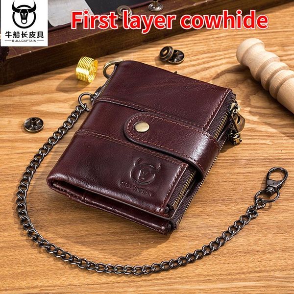 

purse leather retro first layer cowhide short wallet anti-theft brush zipper to send father and husband men wallets, Red;black