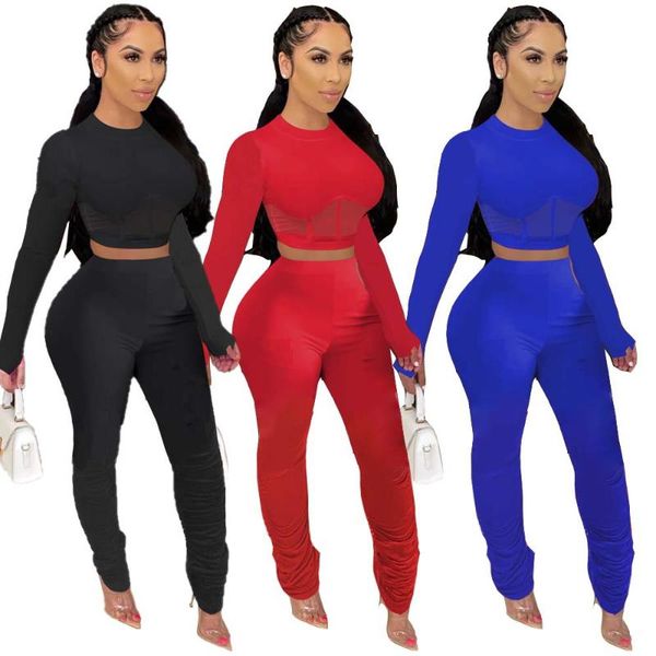 

women's tracksuits style women fashion set casual solid color patchwork long sleeves tight elastic mesh crop leisure two piece, Gray