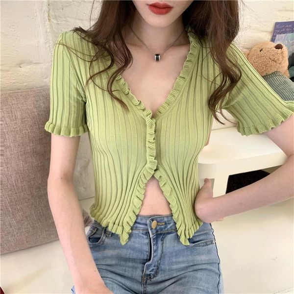 

fashion knitting sweet ruffles womens t shirts crop short sleeve cropped solid cardigan for girls, White