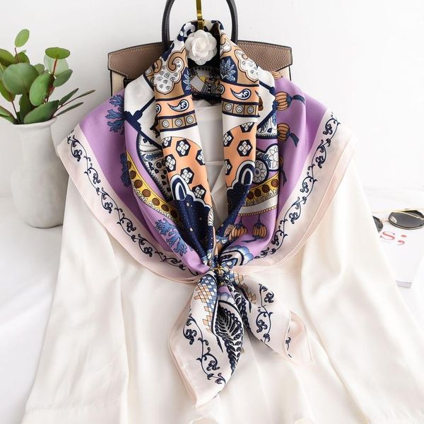 

scarves square silk scarf for women design printed pashmina shawls and wraps bufanda hijab headband 2021 female bandana, Blue;gray