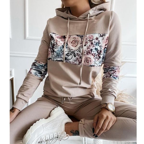 

women's two piece pants wepbel sweatshirts 2 sets outfits casual fur caps hoodies women autumn printed stitching suit trousers, White