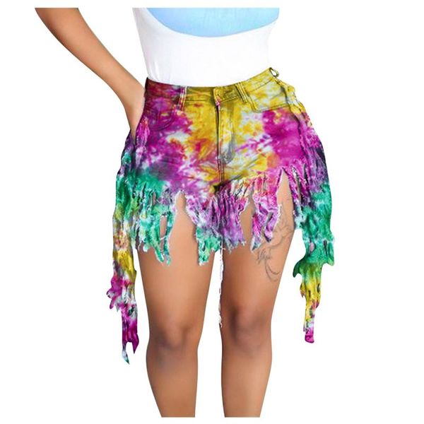

women's jeans women summer fringe tassel denim shorts club outfit hight waist tie dye slim plus size jean pantalones de mujer, Blue