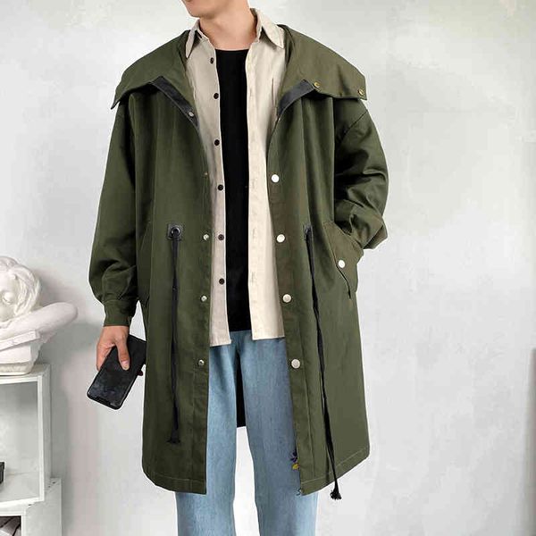 

men's trench coats long coat with a man's hood, black and white autumn jacket button pocket for young people 9jag, Tan;black