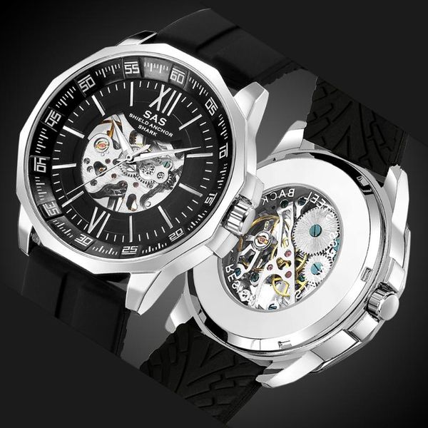 

wristwatches skeleton automatic watches male clock men's mechanical montre relogio zegarek meski relojes, Slivery;brown
