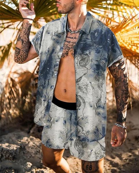 

spring summer loose print hawaiian men tracksuits two piece set short sleeve shirt beach shorts quick dry oversized casual suit, Gray
