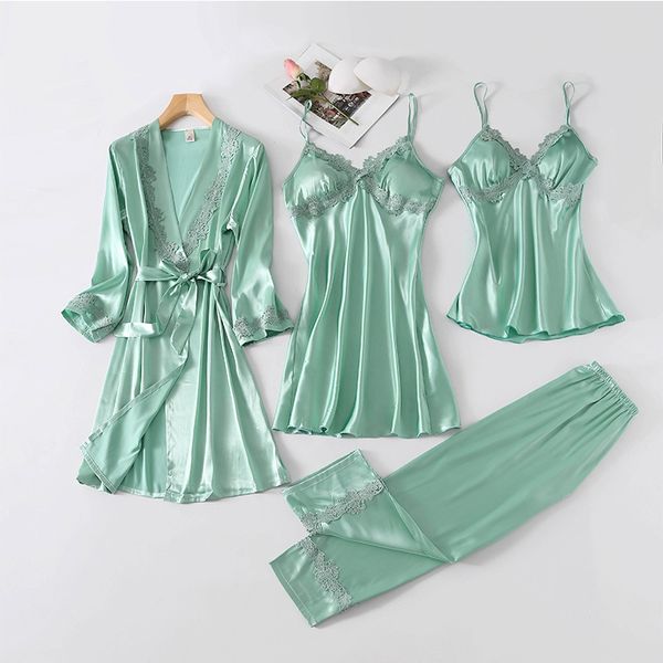 

green sleepwear female with chest pads women pajamas lace silk sleep lounge 4 pieces sets ladies indoor clothing pajamas, Black;red