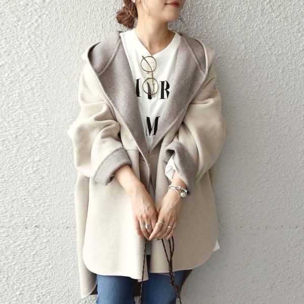

women's wool & blends coat women autumn winter 2021 color block patchwork irregular long sleeve hooded collar simple elegant office lad, Black