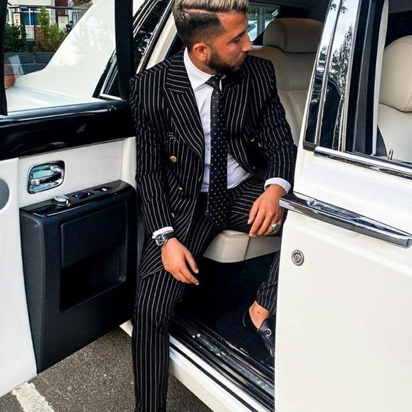 

men's suits & blazers 2022 formal black stripe double breasted men custom made business man prom wedding blazer 2 pieces ( jacket+pants, White;black