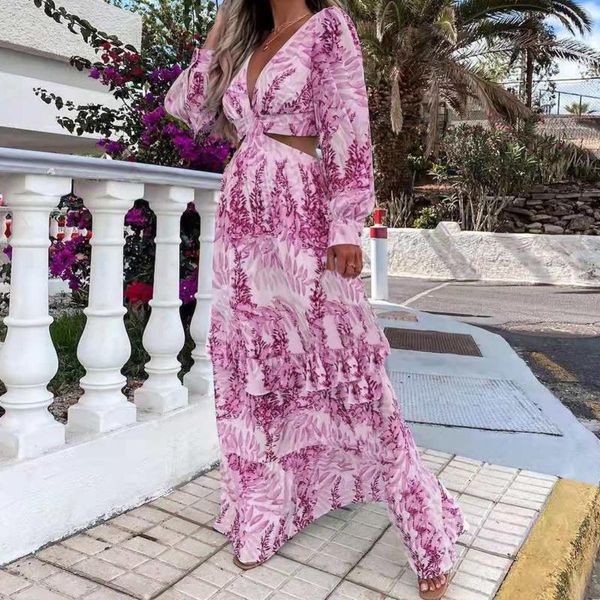 

casual dresses paisley print summer dress women long sleeve waist cut out elegant split maxi party vintage, Black;gray