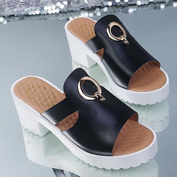 

slippers 2021 square heel women shoes metal decoration peep toe slides female sandals large size flip flops casual, Black