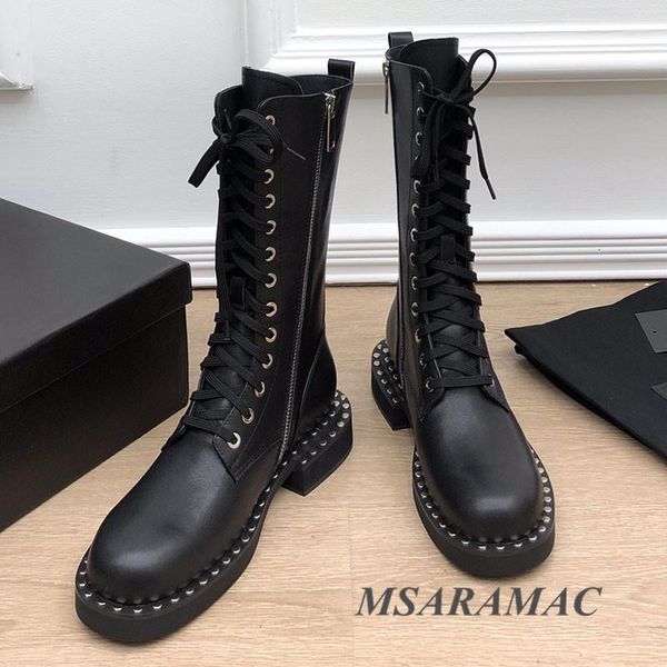 

boots winter black inlaid rivet short leather round toe lace-up ankle fashion street ladies all-match party shoes