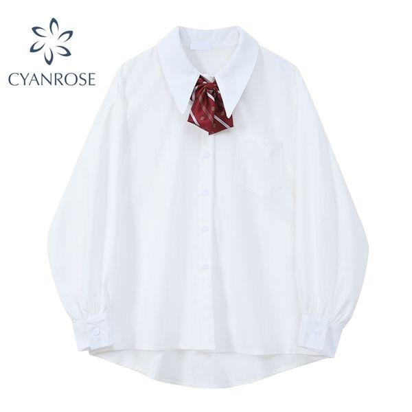 

student basic japanese shirt and blouses with bownot tie women spring long sheeve retro harajuku streetwear plus size 210430, White