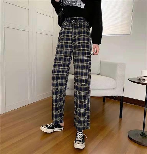 

casual elastic waist plaid straight women pant students simple chic office are matched with the original, Black;white