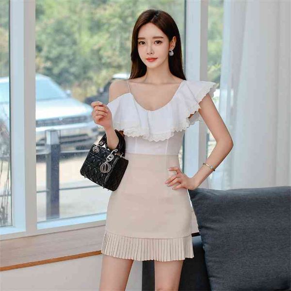 

one shoulder sets korean ladies summer sleeveless ruffle neck white mini tight skirt suit for women clothing 210602, Black;gray
