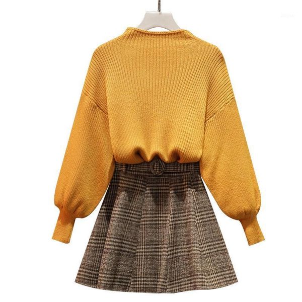

two piece dress large plus size set women knit sweater skirt suit autumn winter and elegant matching, White