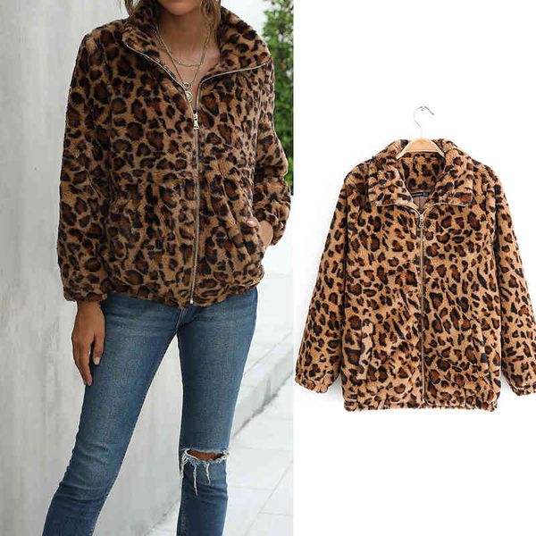 

female fashions winter printing long woolen jacket streewear leopard warm coat sale, Black;brown